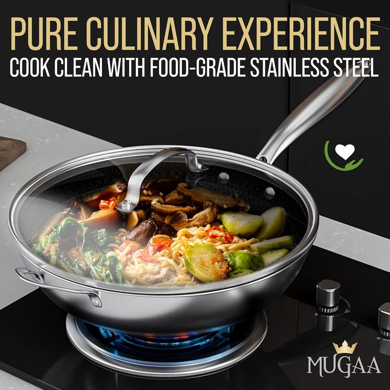 MUGAA 12.5” Nonstick Stainless Steel Wok Pan with Lid | Tri-Ply Honeycomb Hybrid Stir-Fry Pan | Nonstick Woks & Stir-Fry Pans | PFOA-Free, Induction, Dishwasher & Oven Safe - Image 3